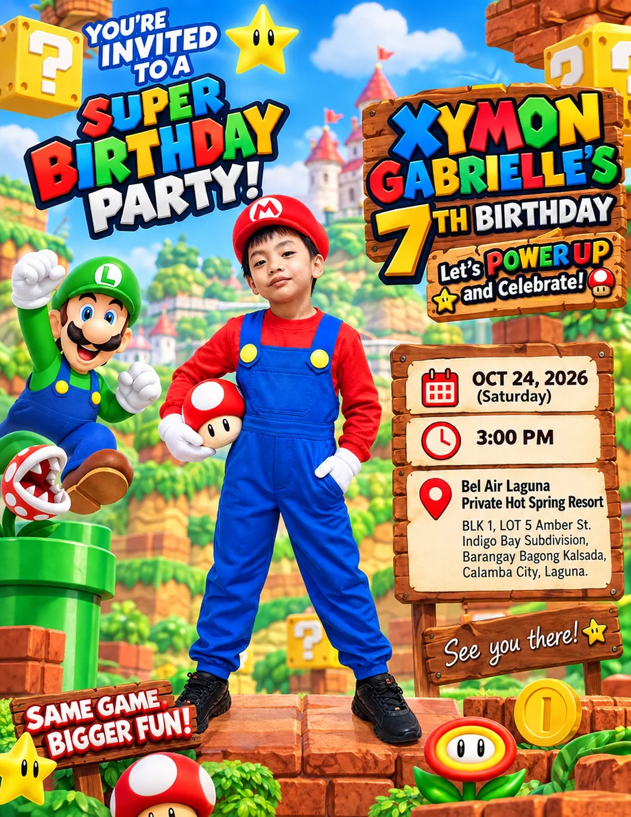 Xymon Gabrielle\&rsquo;s 7th birthday invitation card &mdash; Super Mario theme, Saturday 24 October 2026 at Bel Air Laguna Private Hot Spring Resort.